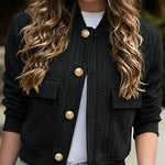 Women's Vintage Argyle Cable Knit Bomber Jacket Elegant Baseball Collar Button Down Cropped Coat with Flap Pockets