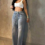 Allover Rhinestone Decor High Waist Zipper Fly Jeans Casual Flared Denim Pants with Rhinestone Decor Belt