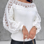 Crewneck Guipure Lace Long Sleeve Hollow Out Knit Sweaters Pullover Tops