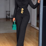 Women's Long Sleeve Cowl Neck Ruched Jumpsuit with Gold Buckle Accent