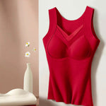 Sheer Mesh Spliced V Neck Sleeveless Built In Bra Tank Casual Warm Fleece Lined Slim Fit Top