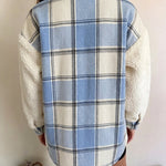 Women's Plaid Patchwork Fleece Shacket Casual Long Sleeve Button Down Faux Shearling Jacket