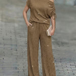 Women's Two-Piece Rhinestone Lounge Suit Skew Neck Top and Wide-Leg Pant Set Elegant Commuter Outfit with Pockets