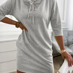 Stand Collar Drawstring Three Quarters Sleeve Casual Sweatshirt Dress