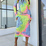 Tie Dye Print Foldover Off Shoulder Long Sleeve Textured Bodycon Dress Casual Ripped Detail High Strech Vacation Dress