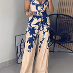 Floral Print Off Shoulder Sleeveless Deep V-Neck Jumpsuit Casual Zipper Side Wide Leg Jumpsuit