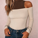 Women's Mock Neck Cold Shoulder Faux Two-Piece Top Colorblock Slim Fit Knit Top