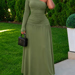 Women's One Shoulder Long Sleeve Ruched Maxi Dress with Thumb Hole