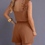 CHICME Women's 2 Piece Shorts Set Ruffle Strap Sleeveless Top and High Waisted Shorts with Pockets