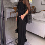 Women's 2-Piece Set Pearl Embellished Split Sleeve Chiffon Cape with Cami Lantern Jumpsuit