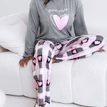 2 Pieces Outfit Good Night Slogan Print Long Sleeve Top and Plaid Print Elastic Waist Pants Set Casual Heart Print Pajamas Set