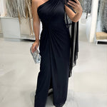 One Shoulder Asymmetrical Mesh Cloak Sleeve Ruched Twist Waist Evening Dress Waist Gathered Slit Party Dress