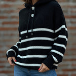 Women's Striped Henley Drawstring Hooded Sweater Loose Fit Lantern Sleeve Knit Pullover
