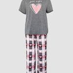 2 Pieces Outfit Floral Print Short Sleeve Top and Casual Plaid Heart Pattren Lounge Pants Set