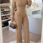 2 Pieces Outfit O-neck Long Sleeve Cinched Waist Sweatshirt and Elastic Waist Wide Leg Pants Set Casual Seam Design Sweatpants Set