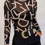 Women's Sheer Mesh Letter Print Mock Neck Frill Trim Long Sleeve Top