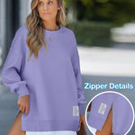 Letter Patch Detail Long Sleeve Drop Shoulder Pullover Sweatshirt Casual Zipper Side Slit Top