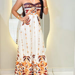 Vintage Floral Print Halter Tie Ruched Cutout Waist Ruffle Hem Maxi Dress Casual Backless Tie Back Vacation Dress