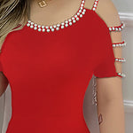 Cold Shoulder Beaded Slit Bodycon Dress Ruffle Hem Zipper Back Party Dress