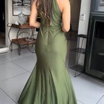 Women's Halter Tie Satin Maxi Dress Twist Front Cutout Backless Mermaid Cockail Dress Ruched Evening Party Dress
