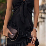 Women's Adjustable Chain Strap Tie Front Ruffle Hem Dress Backless Shirred Ruched Cami Mini Dress