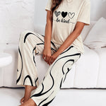 Women's 2 Piece Pajama Set Heart & Letter Top and High Waisted Abstract Print Pants Casual Loungewear with Pockets