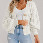 Women's Cable Knit Cardigan V Neck Button Down Chunky Knit Sweater Loose Lantern Sleeve Warm Outerwear