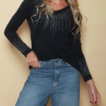 Women's Rhinestone V-Neck Long Sleeve Tee Slim Fit Sparkly Fitted Top