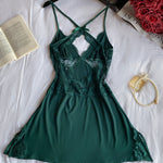 V-Neck Criss Cross Lace Patch Side Slit Babydoll Sleep Dress