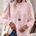 Women's French Style Eyelet Embroidery Blouse Elegant Frill Hem Stand Collar Puff Sleeve Top Lace Patchwork Shirt