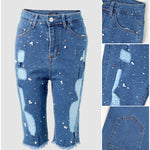 Women's Y2K Rhinestone Pearl Denim Bermuda Shorts Ripped Raw Hem Distressed Colorful Embellished Jean Shorts
