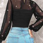 Pearls Decor Mock Neck Sheer Mesh Spliced Ruched Tee Hollow-out Back Slim Fit Textured Top