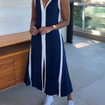 Colorblock Spliced Deep V-Neck Sleeveless Slit Front Dress Casual Loose Fit A Line Dress