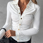 Long Sleeve Button Down Shirt Collar Neck Ruched Fitted Top