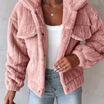 Textured Striped Turn-down Collar Button Front Elastic Cuff and Hem Teddy Fleece Jacket With Decorative Flap Pockets
