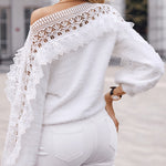 Crewneck Guipure Lace Long Sleeve Hollow Out Knit Sweaters Pullover Tops
