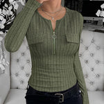Long Sleeve Half Zip Flap Detail Ribbed Tee Slim Fit Brushed Top