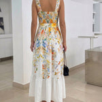 Women's Floral Maxi Dress Square Neck Sleeveless Ruffle Hem Sundress Backless Shirred Summer Vacation Dress with Belt