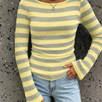 Women's Boat Neck Striped Long Flare Sleeve Ruched Knit Top