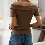 Women's Foldover Off Shoulder Rib-Knit Top Slim Fit Short Sleeve Tee with Gold Button Detail