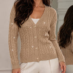 Women's Sequin Cable Knit Cardigan V Neck Button Down Slim Fit Long Sleeve Sweater