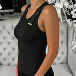 Women's Ribbed Knit Tank Top Adjustable Buckle Strap Side Ruched Knit Top Curved Hem Slim Fit Vest