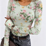 Women's Floral Print Long Sleeve Top Slim Fit Tee with Thumb Holes