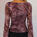 Women's Vintage Flocked Floral Boat Neck Ruched Mesh Top Long Flare Sleeve Crop Pullover