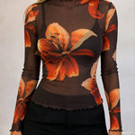 Women's Floral Print Sheer Mesh Top Frill Trim Mock Neck Long Sleeve Tee