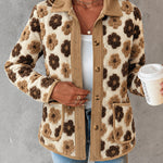 Women's 3D Faux Shearling Floral Jacket Corduroy Trim Button Down Fleece Coat
