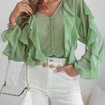 V Neck Shoulder Ruffles Design Blouse Casual Button Front Long Sleeve Top