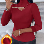 High Neck Long Sleeve Beaded Knit Sweater Hollow-out Fleece Lined Basic Layering Soft Versatile Thermal Top