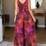 Women's Tie Dye Print Mesh Jumpsuit V Neck Shirred Waist Wide Leg Overalls Backless Sleeveless Jumpsuit with Pockets