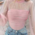 Pearls Decor Mock Neck Sheer Mesh Spliced Ruched Tee Hollow-out Back Slim Fit Textured Top